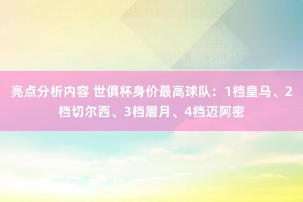 亮点分析内容 世俱杯身价最高球队：1档皇马、2档切尔西、3档眉月、4档迈阿密